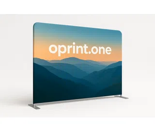 Straight display wall featuring a mountain landscape print in shades of blue and orange, and white text reading “oprint.one.”