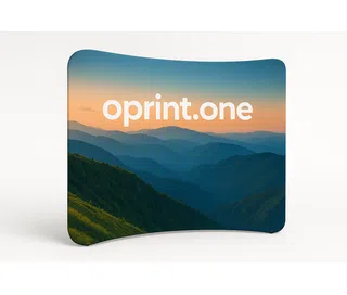 Curved display wall featuring a mountain landscape print in shades of blue and orange, and white text reading “oprint.one.”