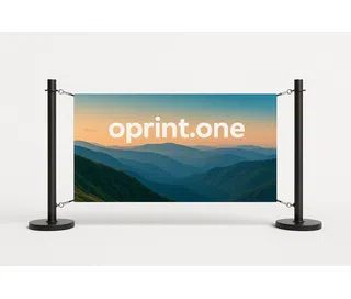 Barrier banner stretched on a frame, featuring a mountain landscape print in shades of blue and orange, and white text reading “oprint.one.”