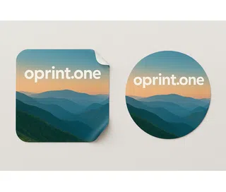 Square and circular monomeric film stickers featuring a mountain landscape print in shades of blue and orange, and white text reading “oprint.one.”