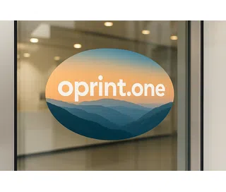 Oval-shaped polymeric film sticker featuring a mountain landscape print in shades of blue and orange, and white text reading “oprint.one.”