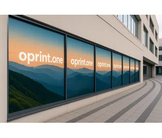 Window sticker featuring a mountain landscape print in shades of blue and orange, and white text reading “oprint.one.”