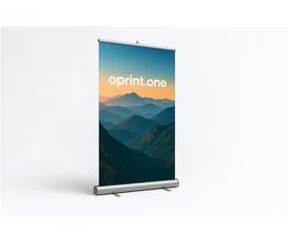 Exclusive roll-up with a mountain landscape print in shades of blue and orange, and white text reading “oprint.one.”